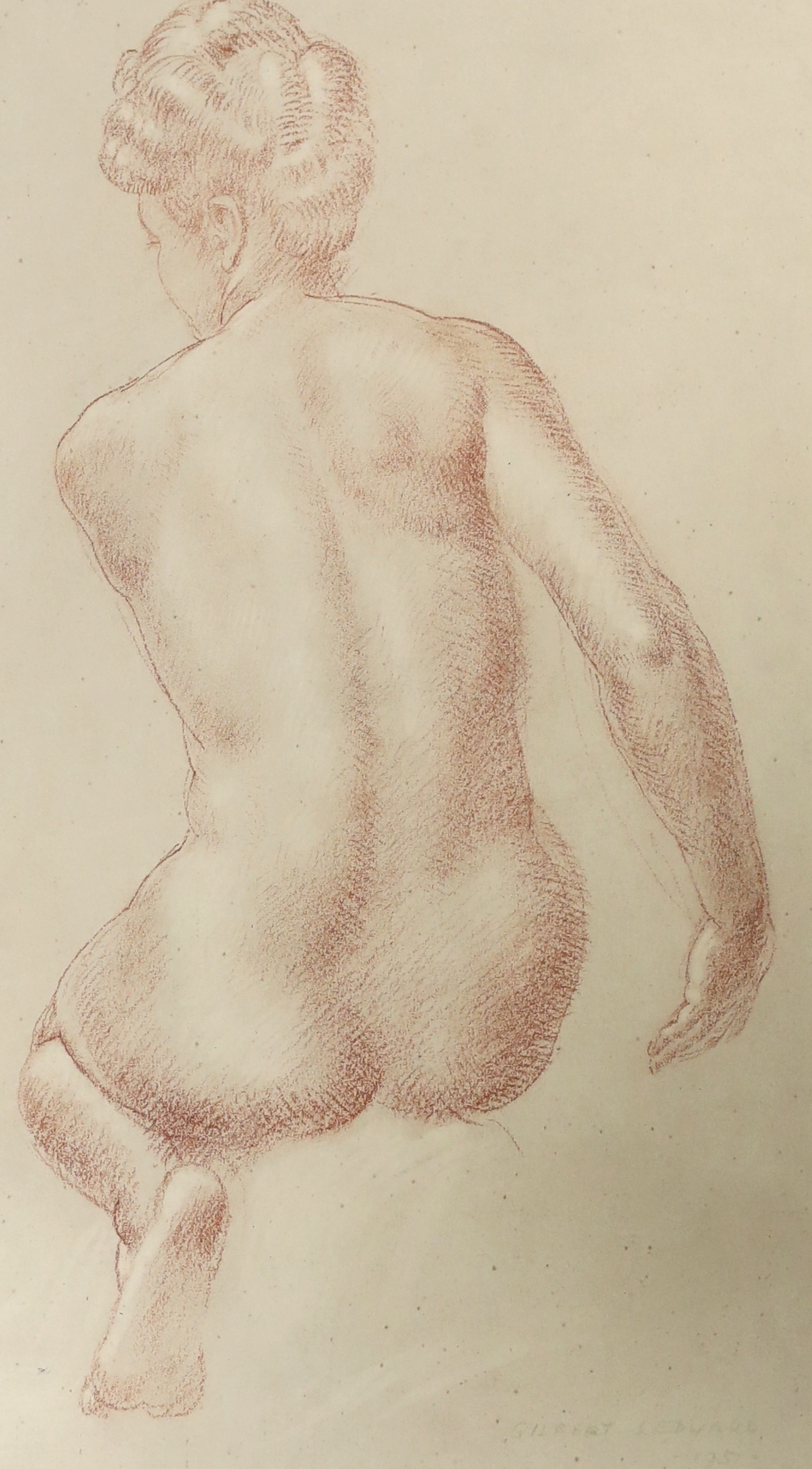 Gilbert Ledward (1888-1960), sanguine chalk on paper, Nude study for fountain figure at Sloane Square, signed and dated, 1951, 34 x 19cm